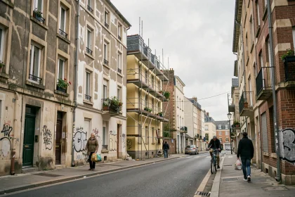 Rue d'un quartier en rénovation urbaine à Nantes avec façades rénovées et bâtiments anciens côte à côte