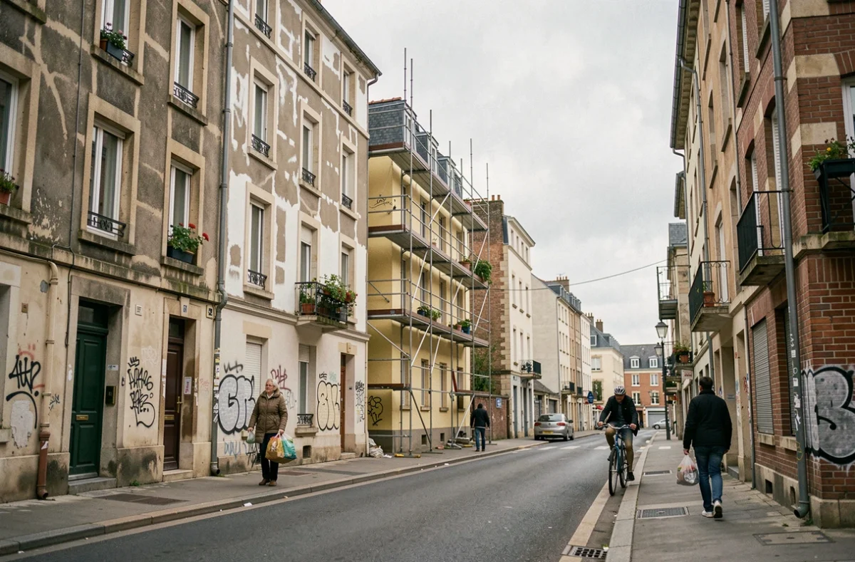 Rue d'un quartier en rénovation urbaine à Nantes avec façades rénovées et bâtiments anciens côte à côte