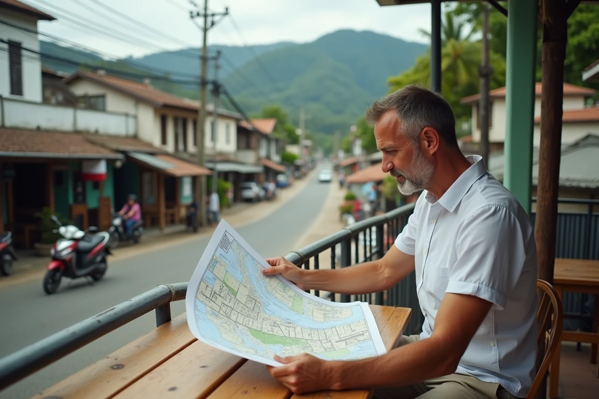 Homme étudiant une carte immobilière de Koh Samui dans un café local d'une zone résidentielle peu touristique et abordable