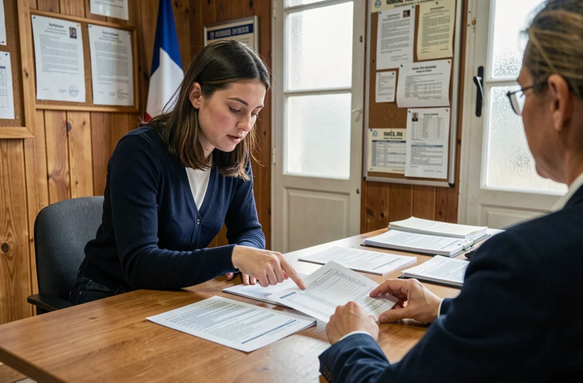 Jeune femme consultant un agent dans une mairie rurale pour obtenir des informations sur le propriétaire d'un terrain