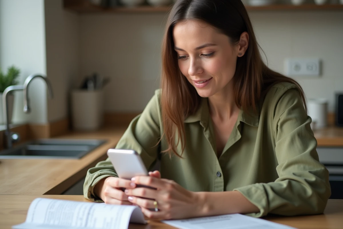 Locataire soulagée consultant son téléphone après avoir récupéré sa caution avec intérêts et pénalités