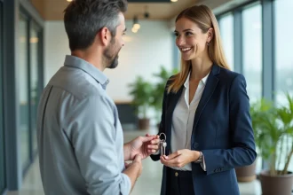 Agent immobilier remettant des clés à un locataire dans un bureau moderne lors d'une signature officielle