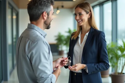 Agent immobilier remettant des clés à un locataire dans un bureau moderne lors d'une signature officielle