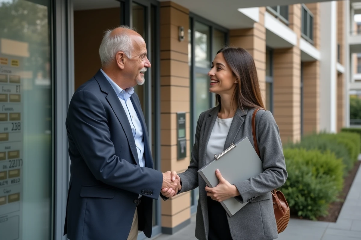 Homme âgé souriant serre la main d une jeune femme devant un immeuble