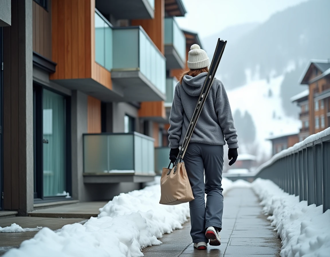 Femme sortant d'une résidence ski-in ski-out à La Croisette des Menuires avec skis et sac