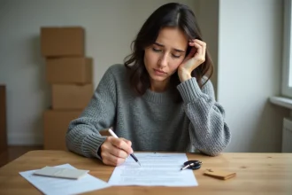Locataire inquiète assise à une table avec des documents de location et des clés d'appartement après un déménagement