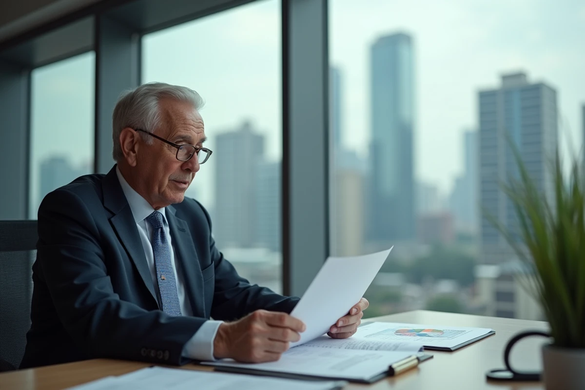 Homme en costume examinant un contrat de location dans un bureau
