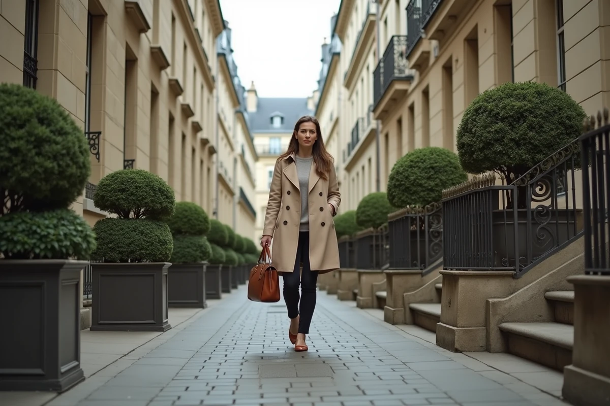Rue résidentielle calme du 7e arrondissement de Paris avec façades en pierre et femme élégante