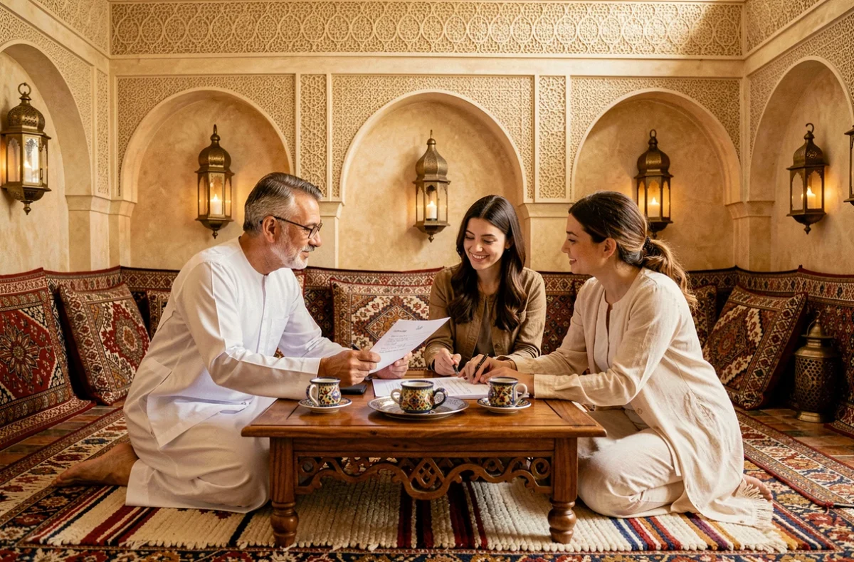 Notaire et acheteurs étrangers signant un contrat d'achat d'un riad à Marrakech dans un salon marocain traditionnel