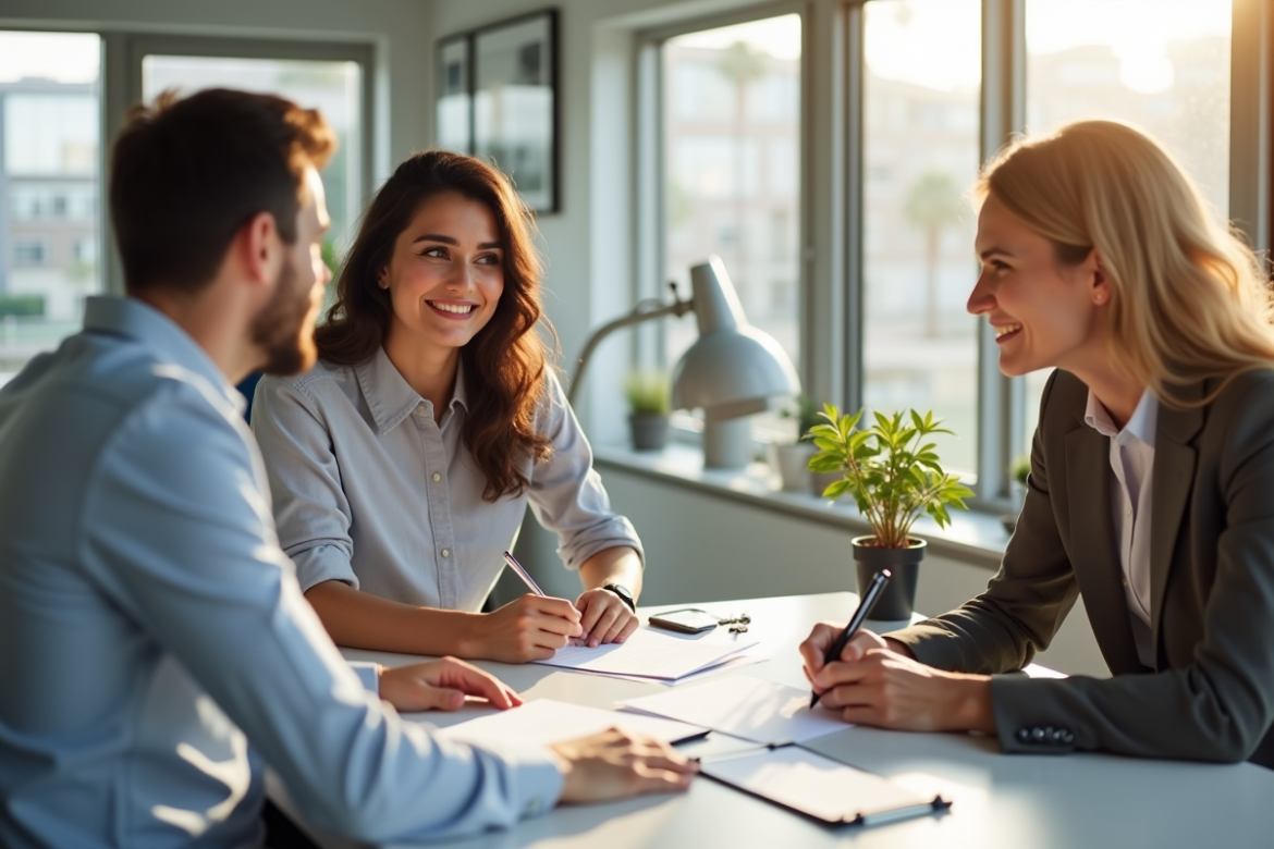 Jeune couple signant un contrat de location avec un agent immobilier