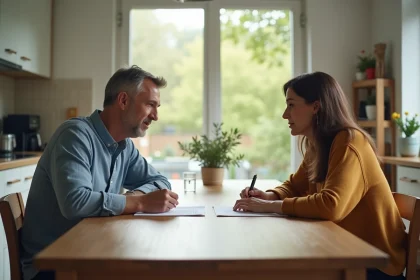 Couple signant des documents dans une cuisine lumineuse
