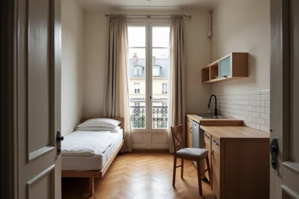 Intérieur d'un studio parisien de 20 m² avec lit escamotable, parquet ancien et kitchenette, illustrant les petites surfaces en région parisienne