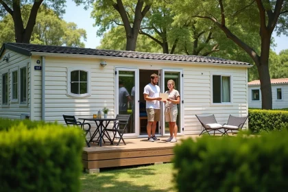 Couple devant un mobil-home sur une parcelle de terrain à vendre dans un camping familial en Vendée