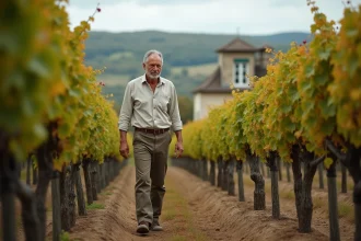 Propriétaire de vignoble à vendre à Bordeaux marchant entre les rangs de vignes en automne avec château en arrière-plan