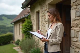 Femme consultant une check-list devant une maison en pierre à louer en Haute-Loire