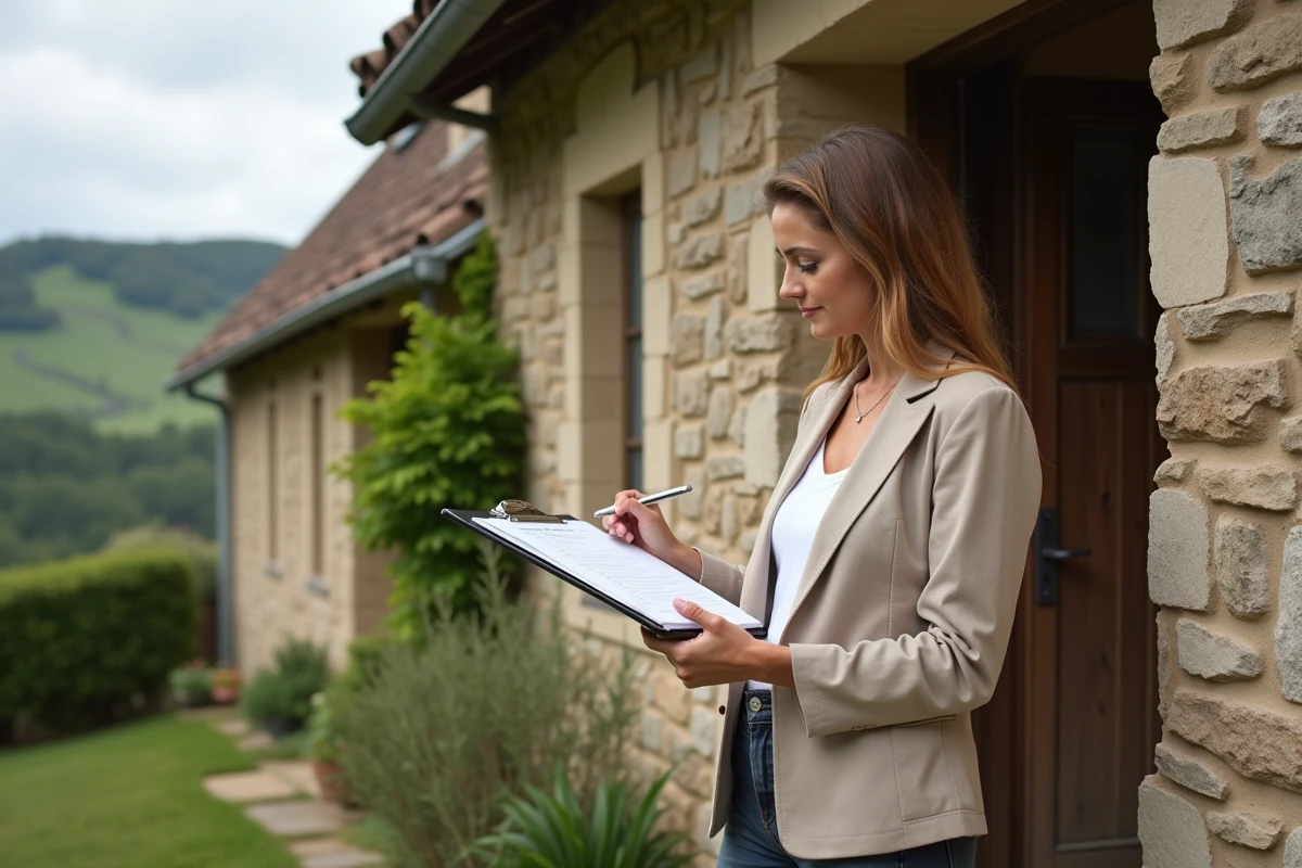 Femme consultant une check-list devant une maison en pierre à louer en Haute-Loire