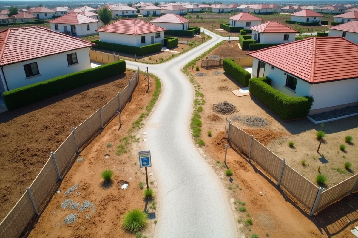 Vue aérienne d'un lotissement en cours de construction avec terrains constructibles à vendre en France