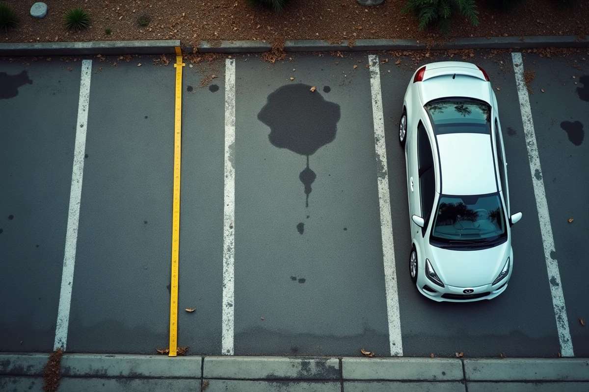 Vue aérienne de deux places de parking résidentielles avec mètre ruban indiquant les dimensions standard au sol