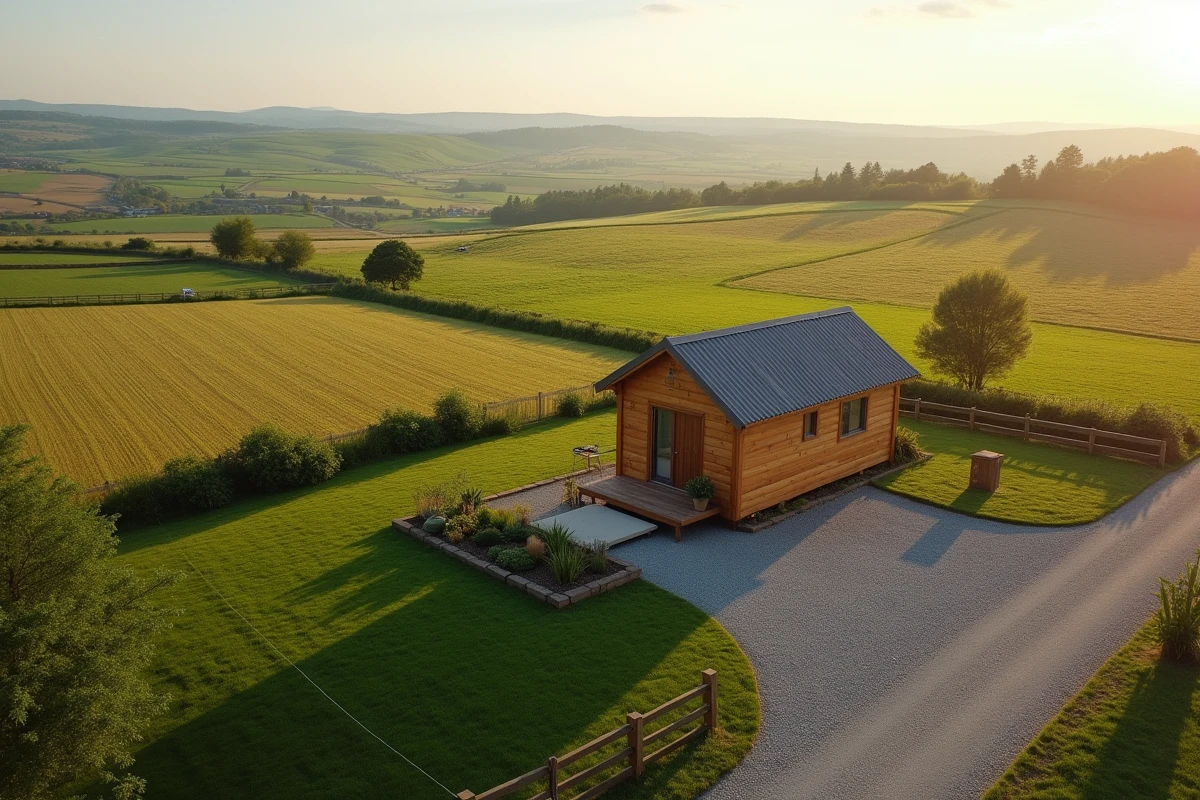 Vue aérienne d'une parcelle rurale avec une tiny house en bois de cèdre entourée d'un jardin potager et de champs agricoles, illustrant les options de terrain à acheter ou louer