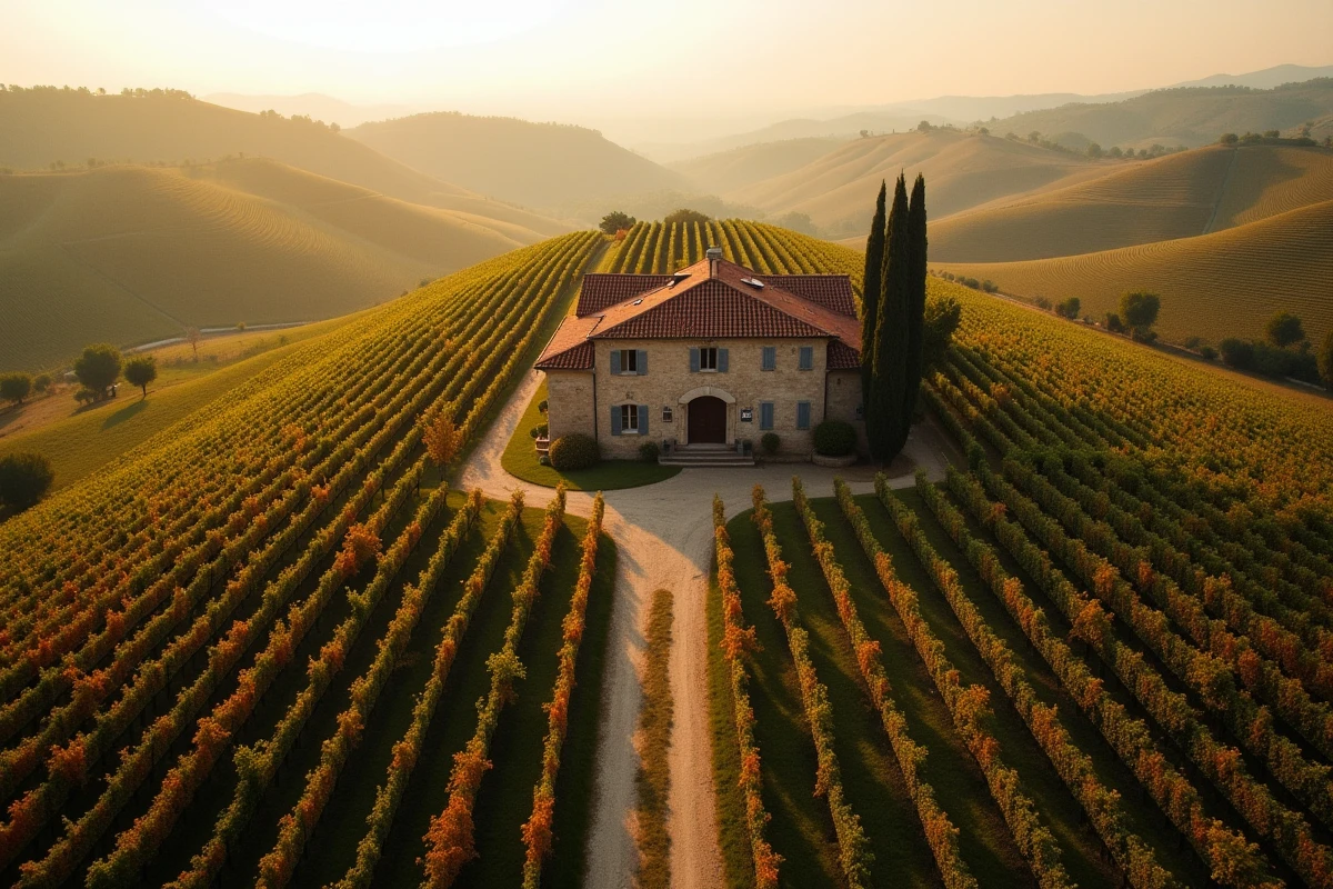 Vue aérienne d'un domaine viticole bordelais à vendre en automne avec rangées de vignes et mas en pierre
